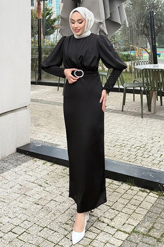 moda selvim Kemeri Tokalı Krep Elbise 0414ALGK1170 Siyah - Thumbnail