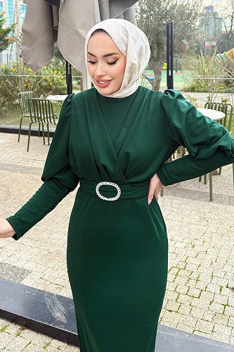 moda selvim Kemeri Tokalı Krep Elbise 0414ALGK1170 Zümrüt - Thumbnail