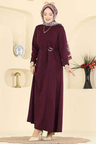moda selvim Kemeri Tokalı Modal Elbise 2637MSZ1172 Bordo - Thumbnail