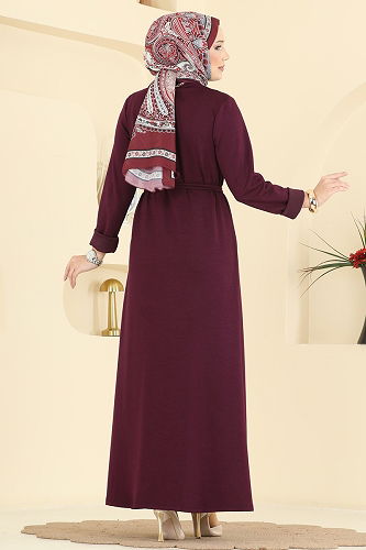 moda selvim Kemeri Tokalı Modal Elbise 2637MSZ1172 Bordo - Thumbnail