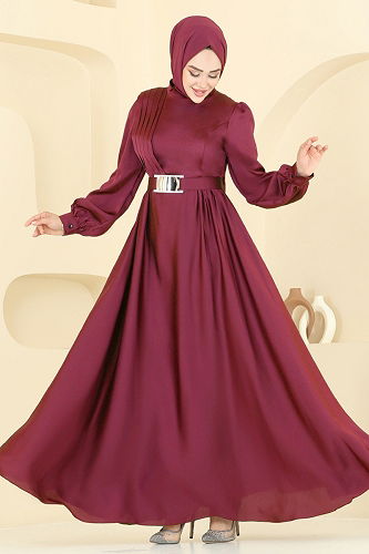 moda selvim Kemeri Tokalı Saten Abiye 5695EDF311 Bordo - Thumbnail
