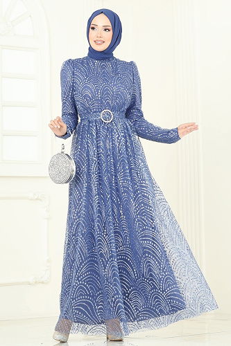 moda selvim Kemeri Tokalı Simli Abiye 5699EDF311 İndigo - Thumbnail