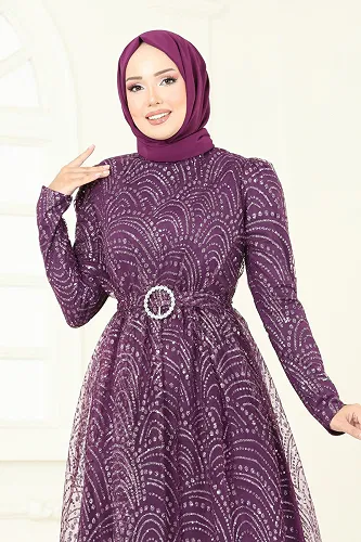 moda selvim Kemeri Tokalı Simli Abiye 5699EDF311 Mürdüm - Thumbnail