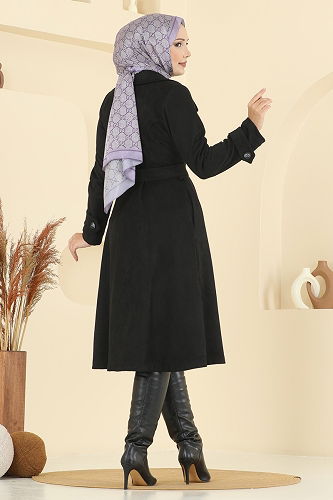 moda selvim Kemeri Tokalı Süet Trençkot 6246BSK463 Siyah - Thumbnail