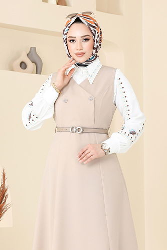 moda selvim Kemeri Tokalı Tesettür Jile 6208BSK463 Taş - Thumbnail