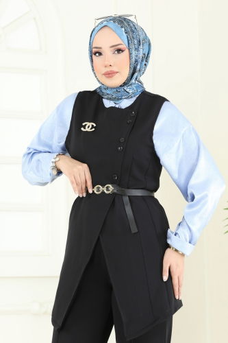 moda selvim Kemeri Tokalı Tesettür Takım 6095TEG847 Siyah - Thumbnail