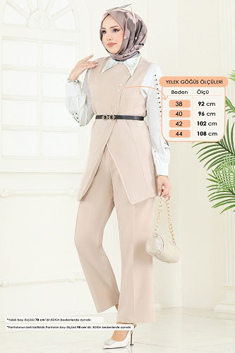 moda selvim Kemeri Tokalı Tesettür Takım 6095TEG847 Taş - Thumbnail