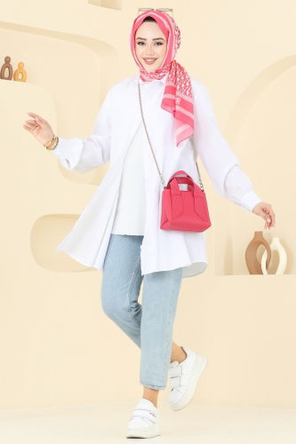 moda selvim Kemeri Tokalı Tesettür Tunik 256ASN888 Ekru - Thumbnail