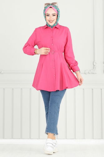 moda selvim Kemeri Tokalı Tesettür Tunik 256ASN888 Fuşya - Thumbnail