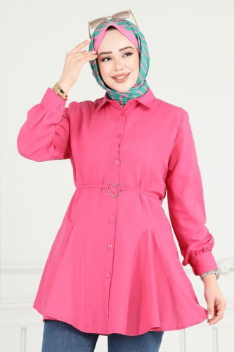 moda selvim Kemeri Tokalı Tesettür Tunik 256ASN888 Fuşya - Thumbnail