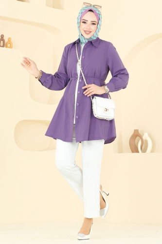 moda selvim Kemeri Tokalı Tesettür Tunik 256ASN888 Lila - Thumbnail