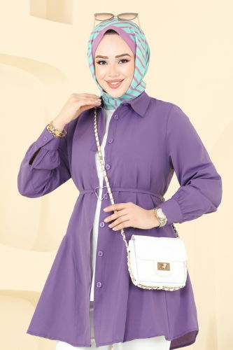 moda selvim Kemeri Tokalı Tesettür Tunik 256ASN888 Lila - Thumbnail