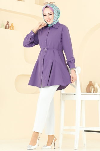 moda selvim Kemeri Tokalı Tesettür Tunik 256ASN888 Lila - Thumbnail