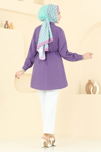 moda selvim Kemeri Tokalı Tesettür Tunik 256ASN888 Lila - Thumbnail