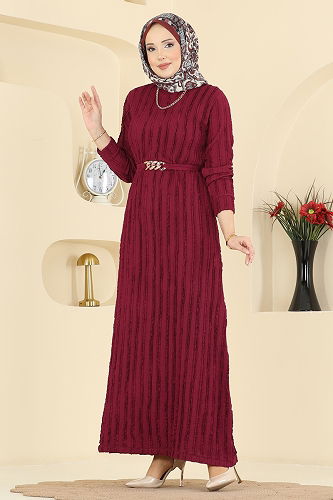 moda selvim Kemeri Zincir Detaylı Elbise 7001OZN1046 Bordo - Thumbnail