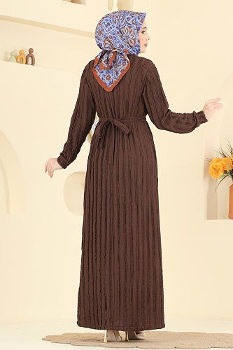 moda selvim Kemeri Zincir Detaylı Elbise 7001OZN1046 Kahve - Thumbnail