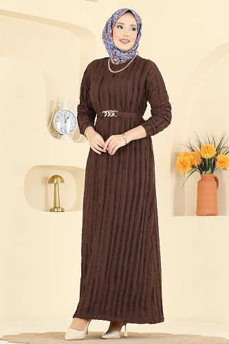 moda selvim Kemeri Zincir Detaylı Elbise 7001OZN1046 Kahve - Thumbnail
