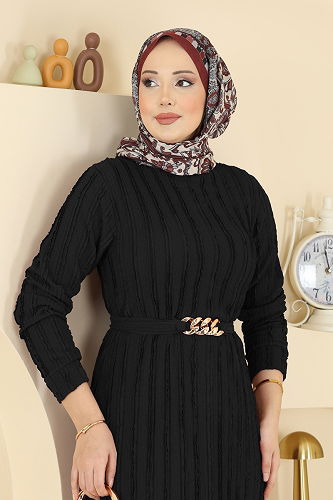 moda selvim Kemeri Zincir Detaylı Elbise 7001OZN1046 Siyah - Thumbnail