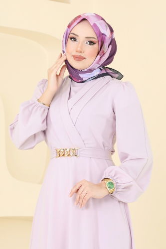 moda selvim Kemeri Zincirli Abiye Elbise 2646ASMK1074 Açık Lila - Thumbnail