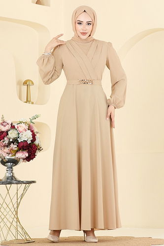 moda selvim Kemeri Zincirli Abiye Elbise 2646ASMK1074 Bej - Thumbnail