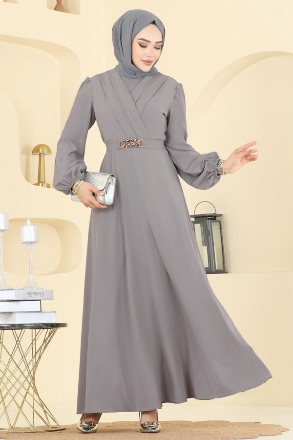 Modaselvim ABİYE Kemeri Zincirli Abiye Elbise 2646ASMK1074 Gri