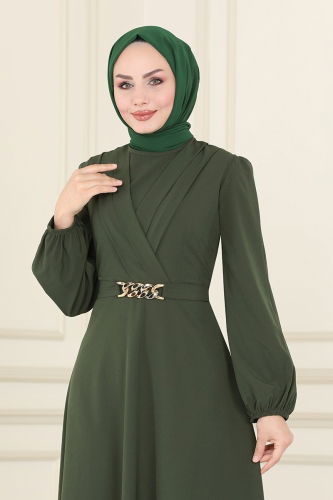 moda selvim Kemeri Zincirli Abiye Elbise 2646ASMK1074 Haki - Thumbnail