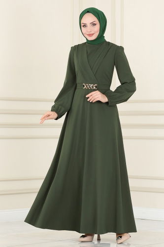 moda selvim Kemeri Zincirli Abiye Elbise 2646ASMK1074 Haki - Thumbnail
