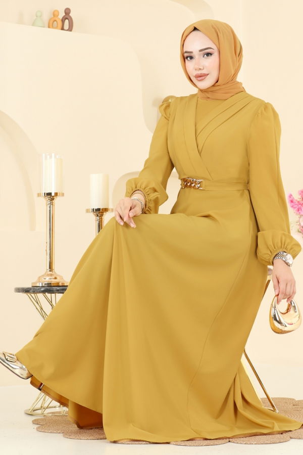 Modaselvim ABİYE Kemeri Zincirli Abiye Elbise 2646ASMK1074 Hardal