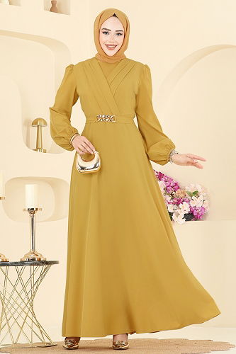 moda selvim Kemeri Zincirli Abiye Elbise 2646ASMK1074 Hardal - Thumbnail