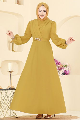 moda selvim Kemeri Zincirli Abiye Elbise 2646ASMK1074 Hardal - Thumbnail