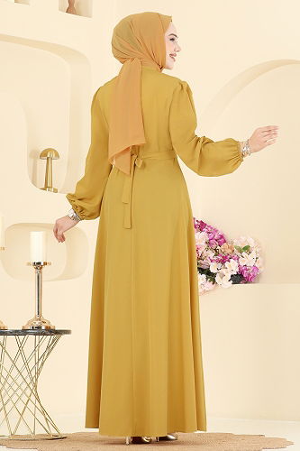 moda selvim Kemeri Zincirli Abiye Elbise 2646ASMK1074 Hardal - Thumbnail