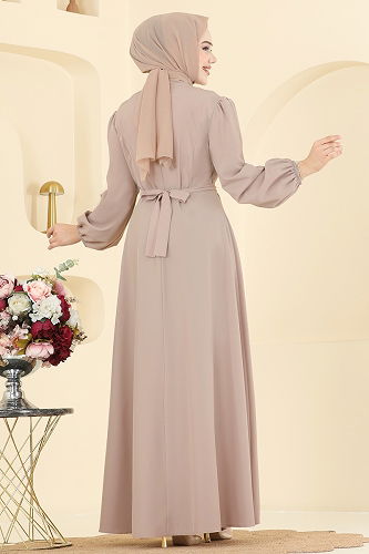 moda selvim Kemeri Zincirli Abiye Elbise 2646ASMK1074 Kumsal Beji - Thumbnail