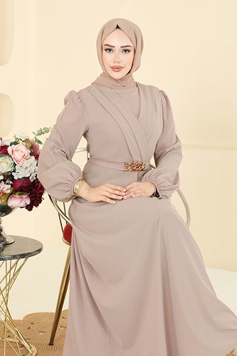 moda selvim Kemeri Zincirli Abiye Elbise 2646ASMK1074 Kumsal Beji - Thumbnail