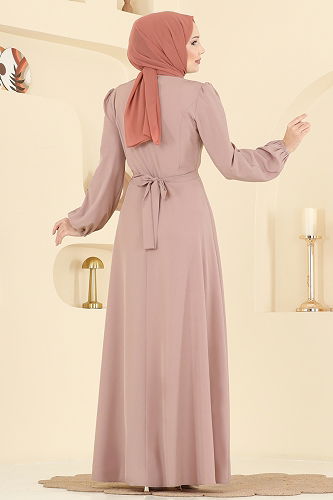 moda selvim Kemeri Zincirli Abiye Elbise 2646ASMK1074 Pudra Vizyon - Thumbnail