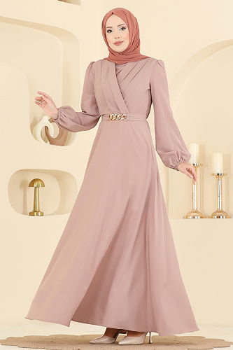 moda selvim Kemeri Zincirli Abiye Elbise 2646ASMK1074 Pudra Vizyon - Thumbnail