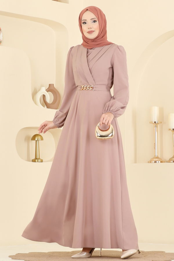 Modaselvim ABİYE Kemeri Zincirli Abiye Elbise 2646ASMK1074 Pudra Vizyon