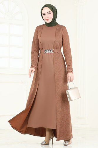moda selvim Kemeri Zincirli Tesettür Elbise ASM2785 Taba - Thumbnail