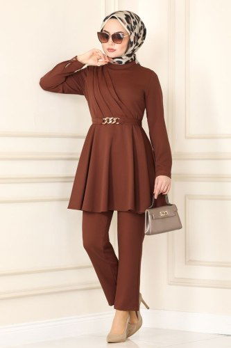 moda selvim Kemeri Zincirli Tesettür Takım 5860BSK463 Kahve - Thumbnail