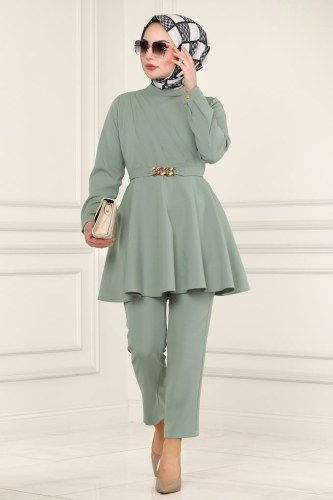 moda selvim Kemeri Zincirli Tesettür Takım 5860BSK463 Mint - Thumbnail