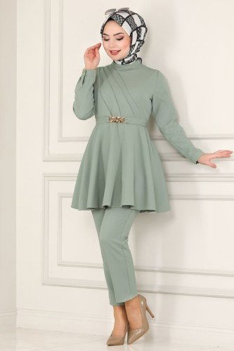 moda selvim Kemeri Zincirli Tesettür Takım 5860BSK463 Mint - Thumbnail