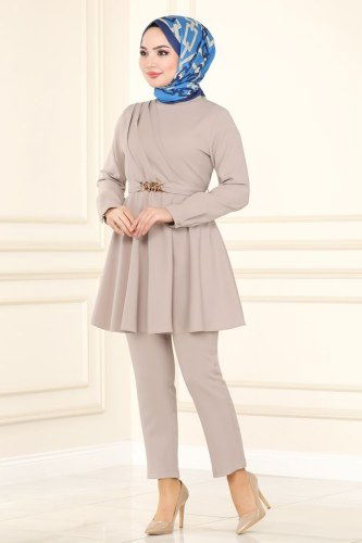 moda selvim Kemeri Zincirli Tesettür Takım 5860BSK463 Taş - Thumbnail