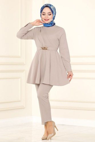 moda selvim Kemeri Zincirli Tesettür Takım 5860BSK463 Taş - Thumbnail
