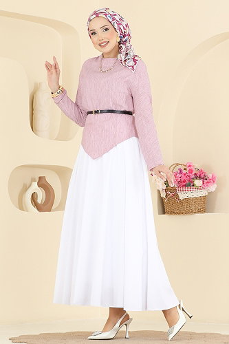 moda selvim Kemerli 2 li Etekli Takım 773OZN1046 Pembe - Thumbnail