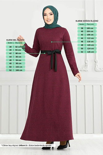 moda selvim Kemerli Balıksırtı Elbise 22033UKB929-M Bordo - Thumbnail