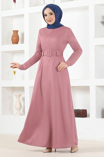 moda selvim Kemerli Basic Elbise MSL3010 Gül Kurusu - Thumbnail
