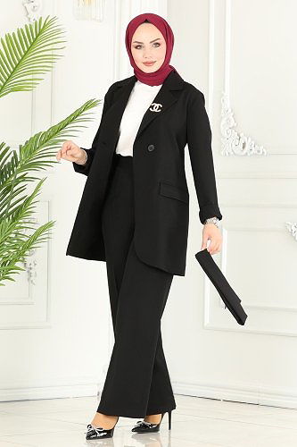 moda selvim Kemerli Blazer Ceketli Takım 9037MDH809 Siyah - Thumbnail