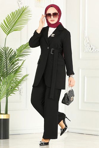 moda selvim Kemerli Blazer Ceketli Takım 9037MDH809 Siyah - Thumbnail