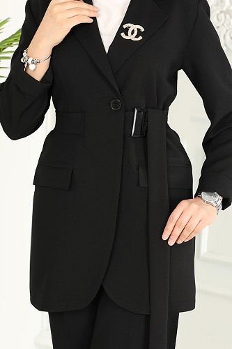 moda selvim Kemerli Blazer Ceketli Takım 9037MDH809 Siyah - Thumbnail