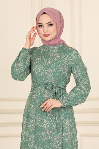 moda selvim Kemerli Bürümcük Elbise 0012YNS793 Mint - Thumbnail