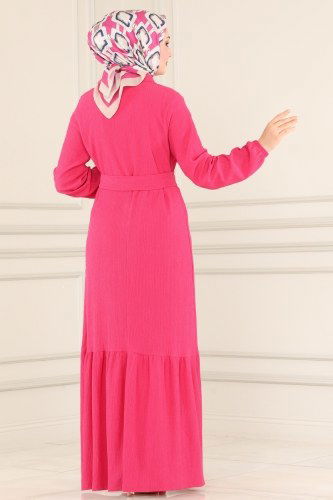 moda selvim Kemerli Bürümcük Elbise 1006YNS793 Fuşya - Thumbnail